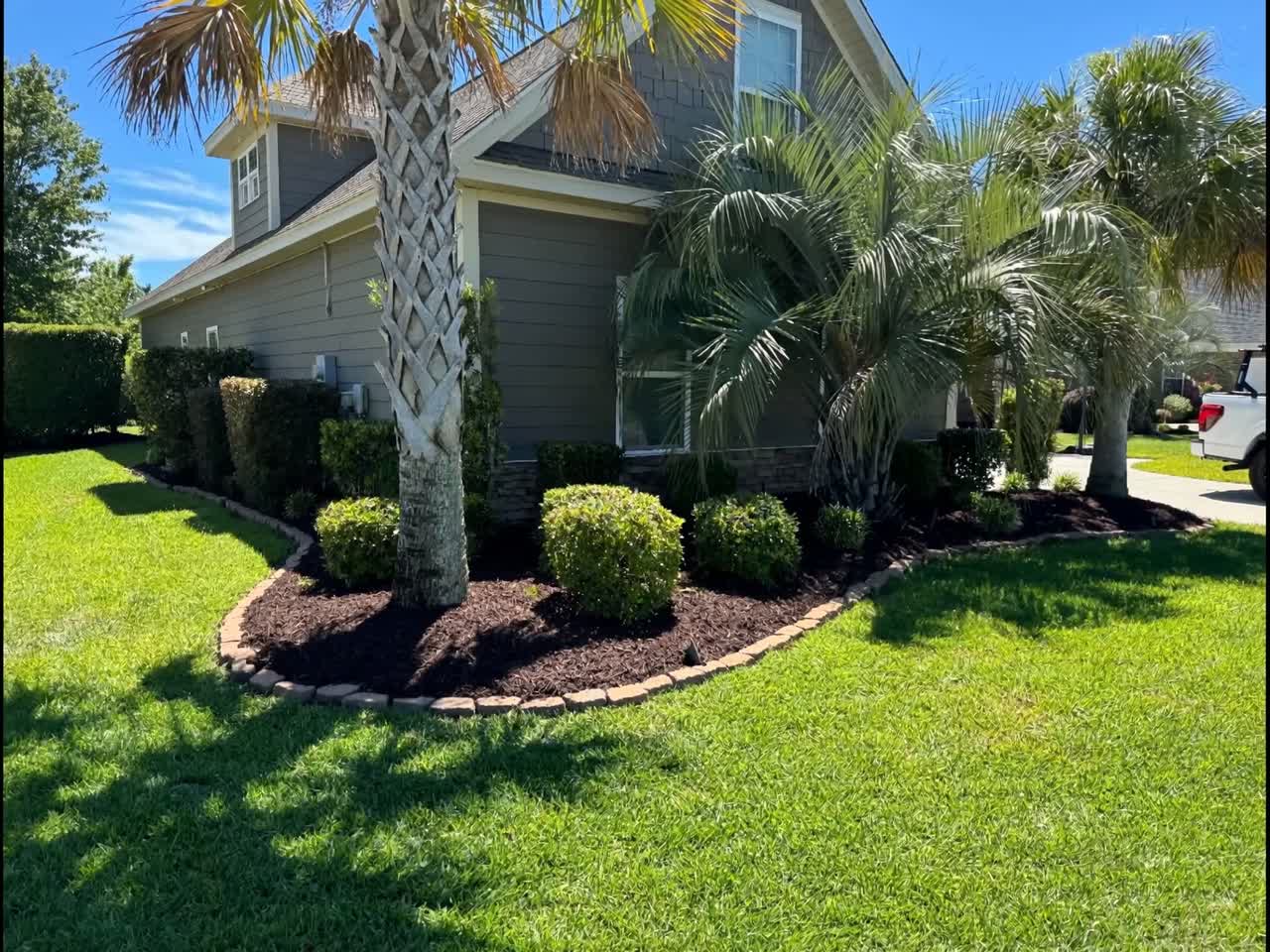 A Superscapes job in progress: a bare dirt yard graded and then finished with fresh sod, mulched beds, paver edging, and palms.